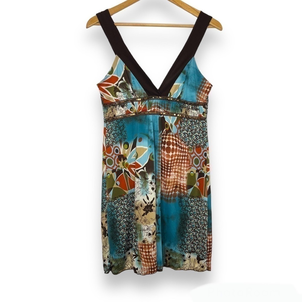 Missmatch Mixed Print Vneck Sleeveless Dress Sequins Small S‎ Fairy Y2K Boho